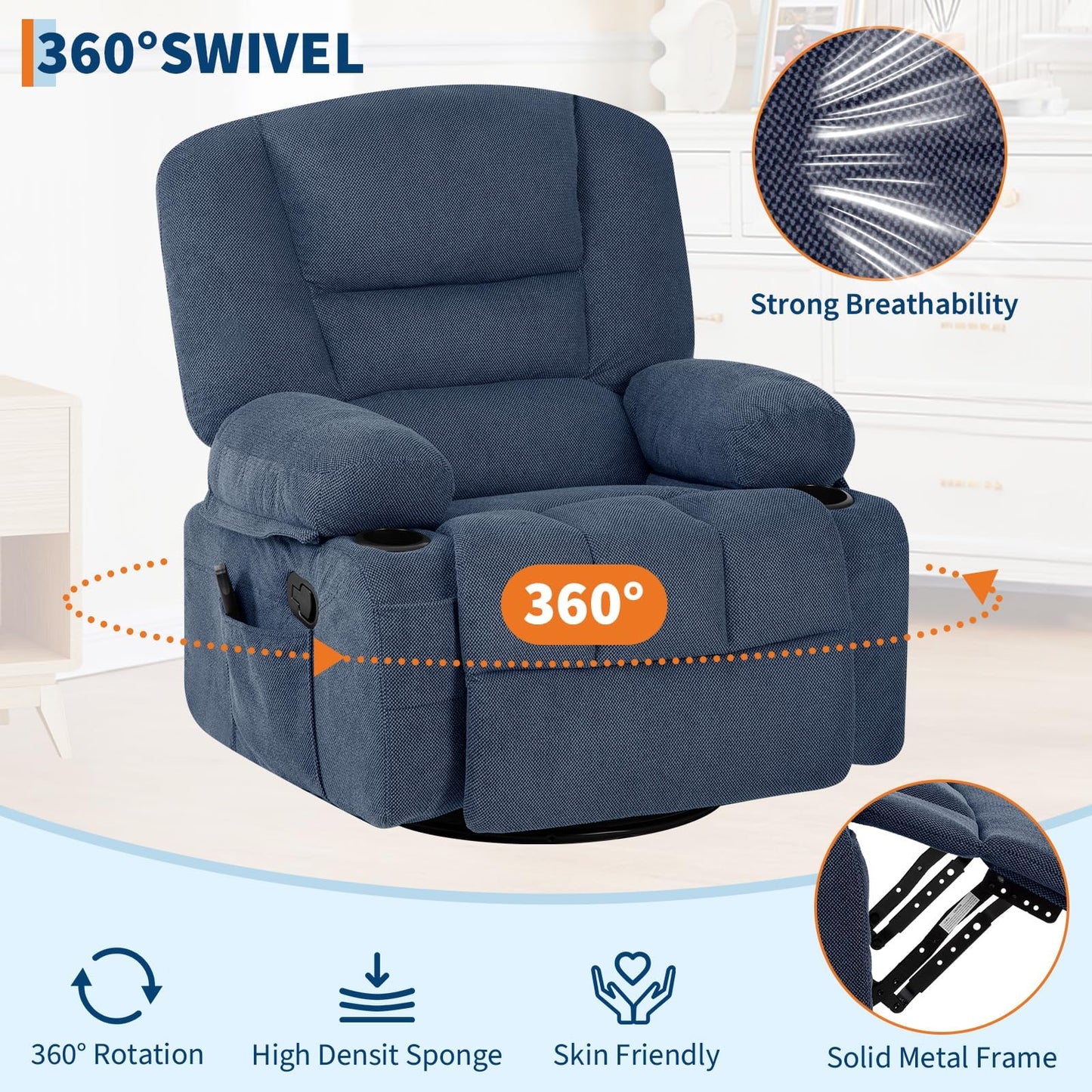 Oversized Wide Recliner Chair with Vibration Massage and Heat, 360° Swivel Recliner Glider for Adults,Chenille Fabric Manual Reclining Single Sofa with Cup Holders & Side Pockets for Living Room,Blue