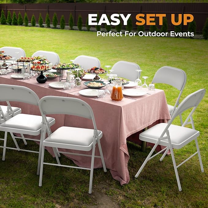 4 Pack Leather Chair | Foldable & Stackable | 350 lbs Capacity Steel Frame Seats for Indoor or Outdoor | Commercial Use Events Wedding Party Events Bulk Picnic Kitchen Dining - White