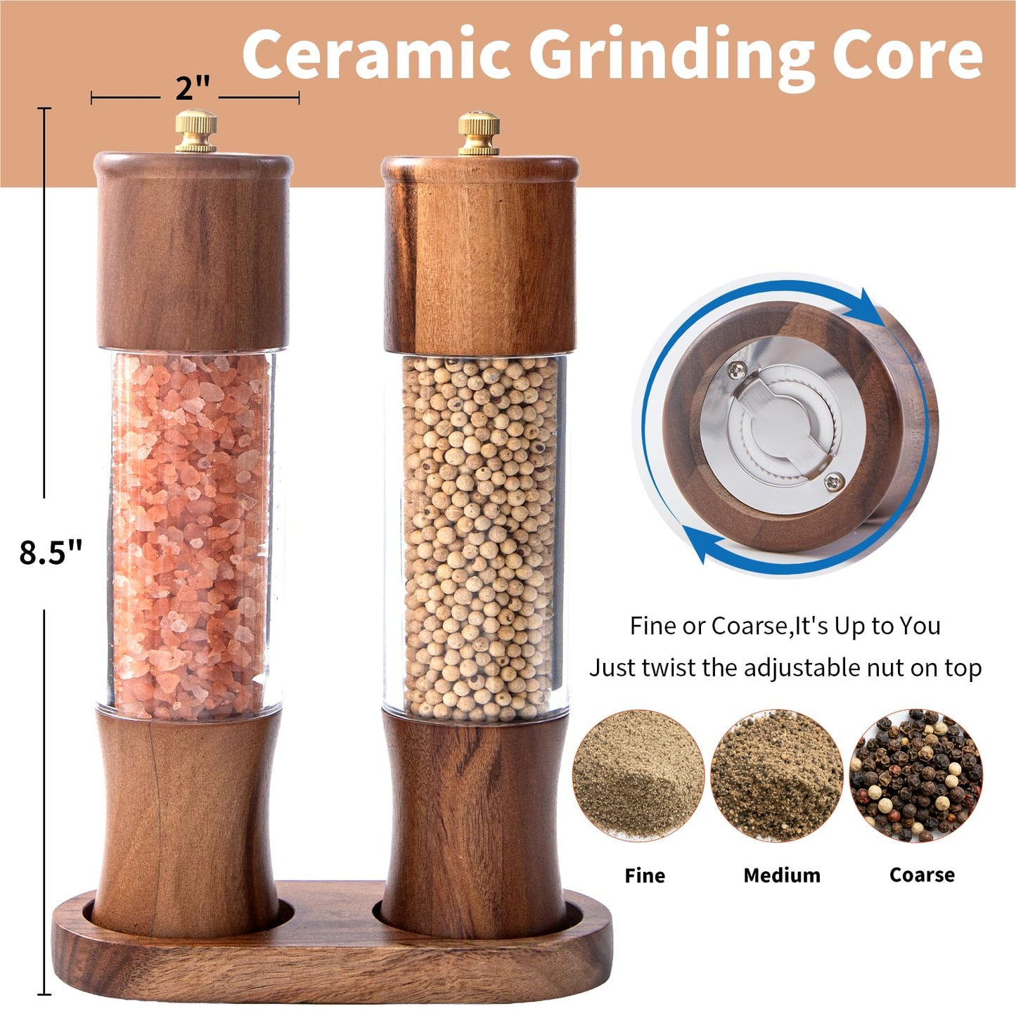 MZROO Wooden Salt and Pepper Grinder Set with Base, 8.5” Manual Pepper Mill and Acacia Wood Salt Shaker with Adjustable Ceramic Core, Refillable Wood Pepper Grinder 2-Pack for Kitchen Dining Gift