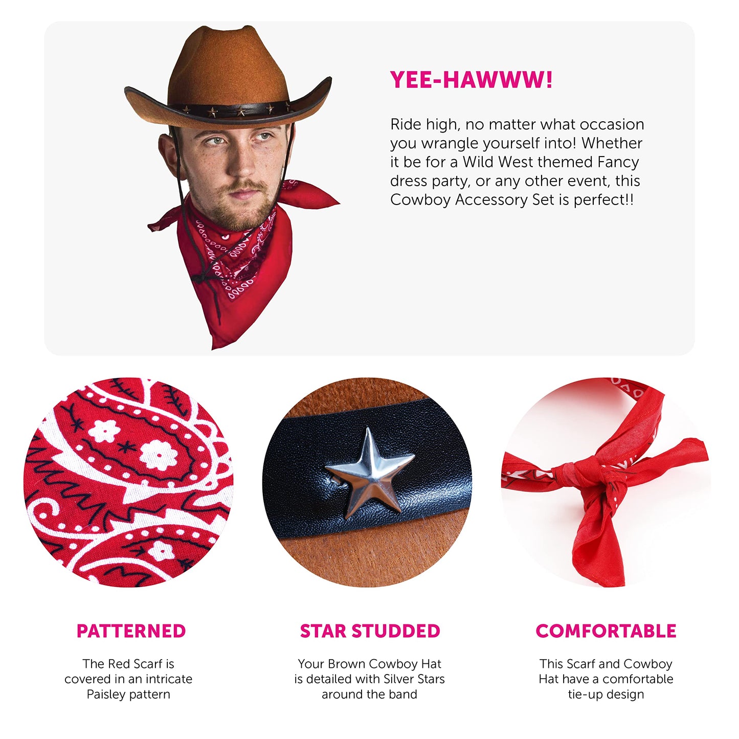 Adults Cowboy Accessory Set - Pack of 1 - Brown Star Studded Cowboy Hat and Red Paisley Bandana - Wild West Western Sheriff Fancy Dress Costume Accessory Set