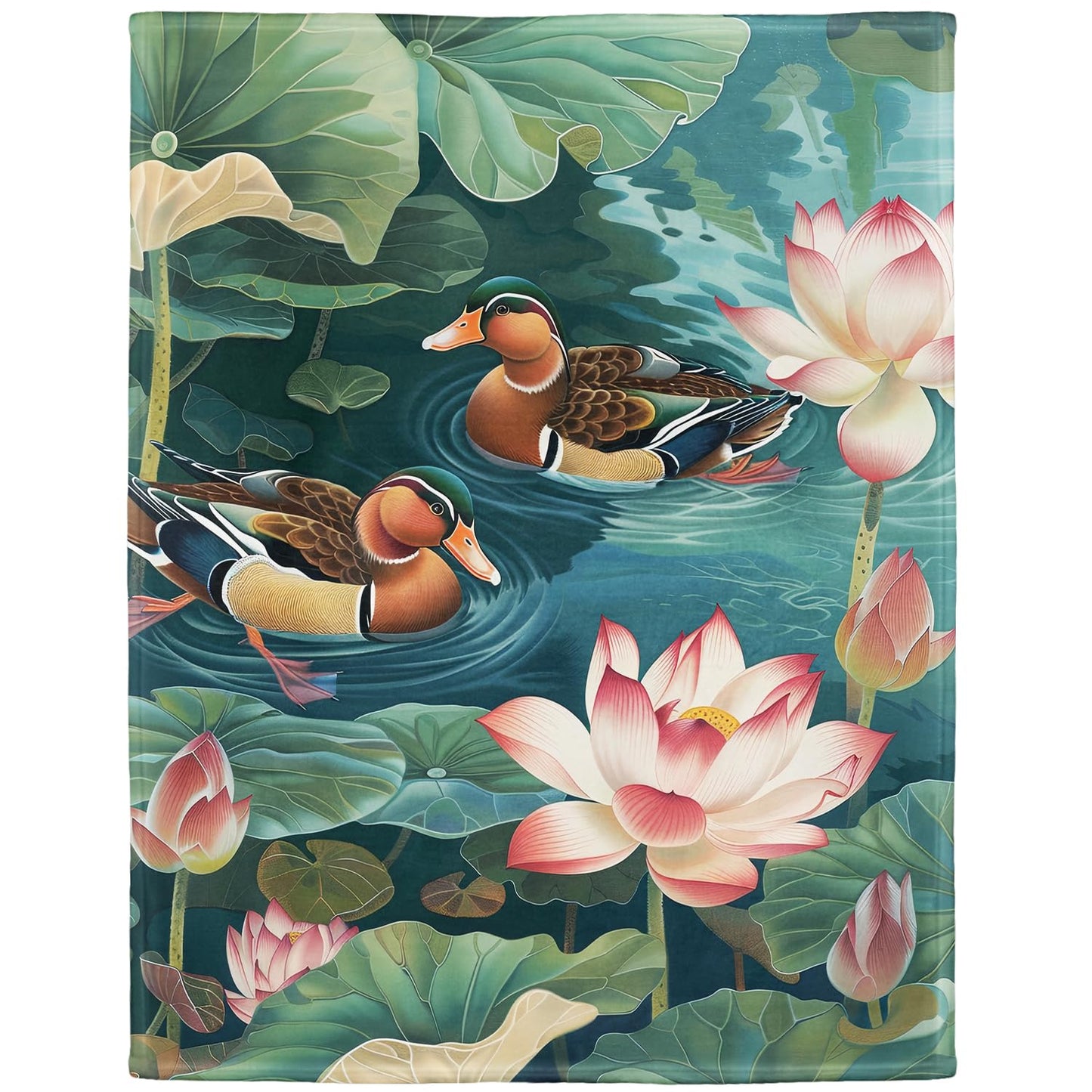 Lotus & Mandarin Ducks Blanket, Traditional Art Home Decor, Super Soft Fleece Throw Blankets for Couch Sofa Bed, 50" x 60"
