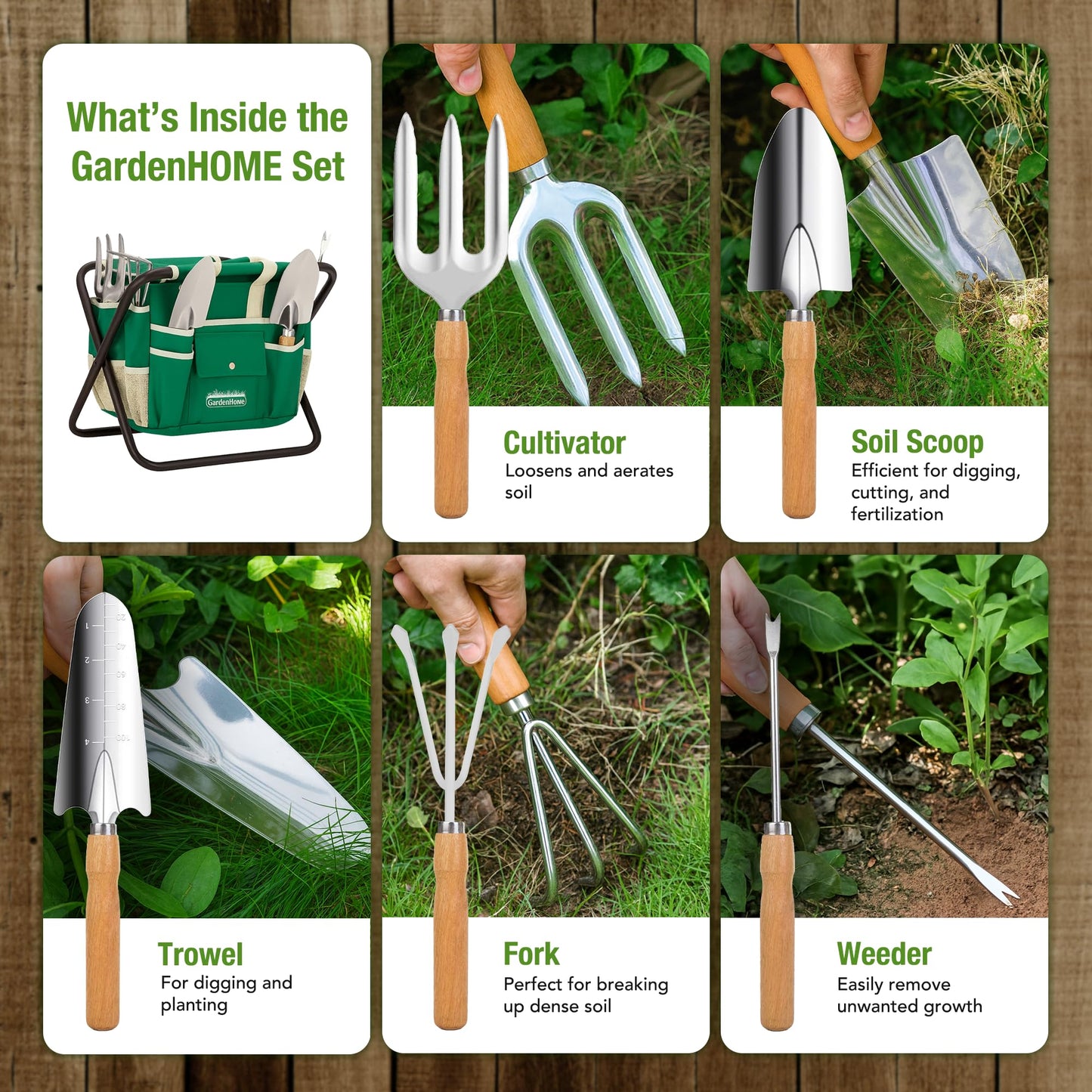 GardenHOME Garden Tool Set, Stainless Steel 7 Piece Tool Set, Heavy Duty Folding Stool, Detachable Canvas Tote Bag, Gardening Tool Kit Organizer