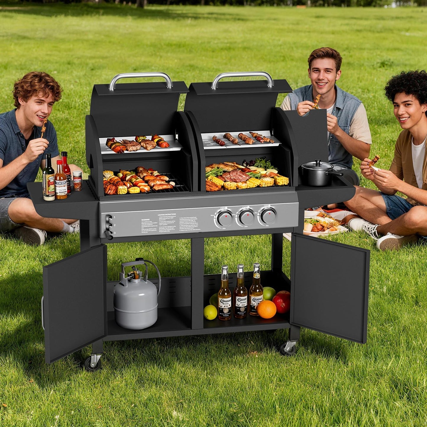 PeakPursuit Dual Fuel Gas & Charcoal Grill Combo – 24,000 BTU Main Disposables, 8,000 BTU Side Disposable, 690 Sq.In. Porcelain Grate, Stainless Steel, Storage Cabinet, Wheels – 24,000 BTU