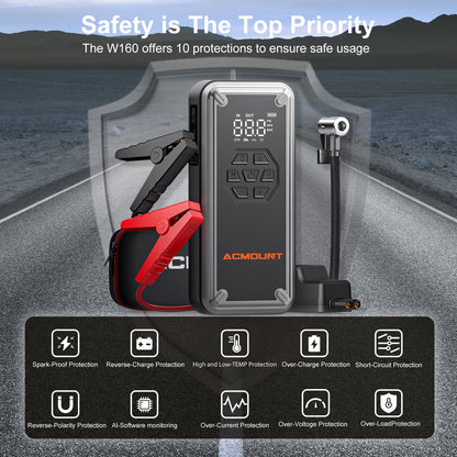 Acmount W160 Jump Starter with Air Compressor, 5000A Portable Car Jump Starter 150PSI Tire Inflator/Air Pump, 12V Battery(Up to 9L Gas/8L Diesel Engine) Jump Pack, Car Emergency Kit, Idea Gift for Man