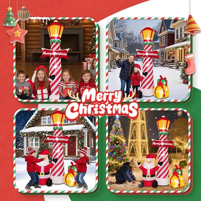 8Ft Christmas Decorations Outdoor Inflatables Giant Santa Claus Stands Under The Lighthouse with Gift Box, Blow Up Built-in LED Lights for Party Outdoor Garden Indoor Yard Lawn