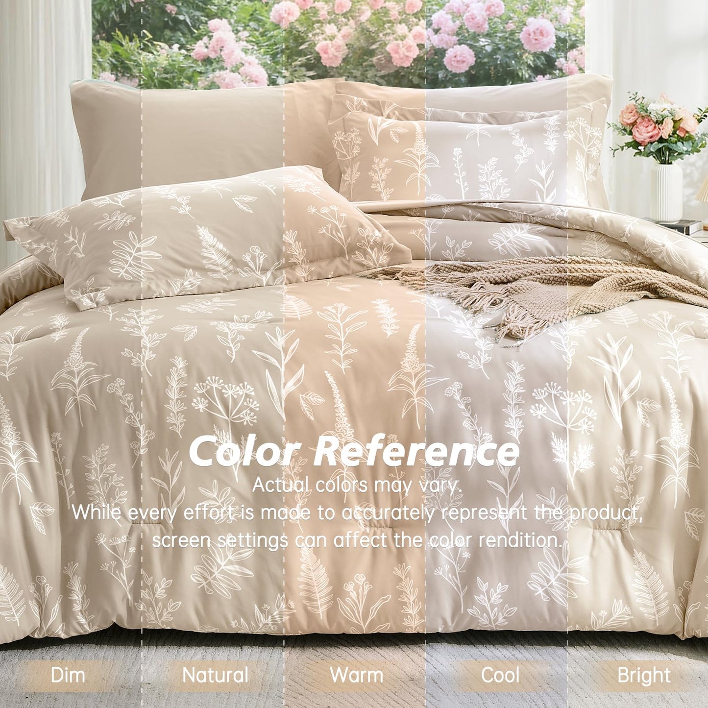 MUXHOMO Beige Bed in a Bag Queen 7 Pieces, Queen Comforter Set Reversible Botanical Flowers Design, Ultra Soft & Breathable Bedding Sets with Comforter, Sheets, Pillowcases & Shams