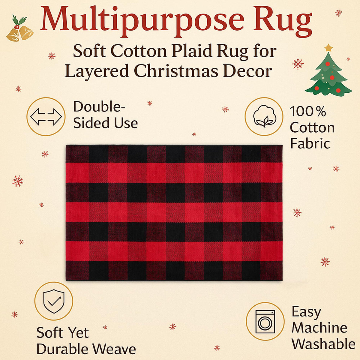 Christmas Door Mat Combo Set - 100% Coco Coir Welcome Mat + 28 x 43 Inch Red and Black Plaid Rug, New Year Holiday Christmas Collection Doormat for Front Porch Entryway Decor