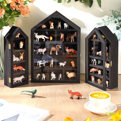 DoubleFill Set of 3 Wooden Trinket Display Shelf Shadow Box with Shelves 10 x 15 Inch Large Wall Mounted Display Storage Mini Figures Curio Trinket Medals Crafts Collections(Black,House Shape)
