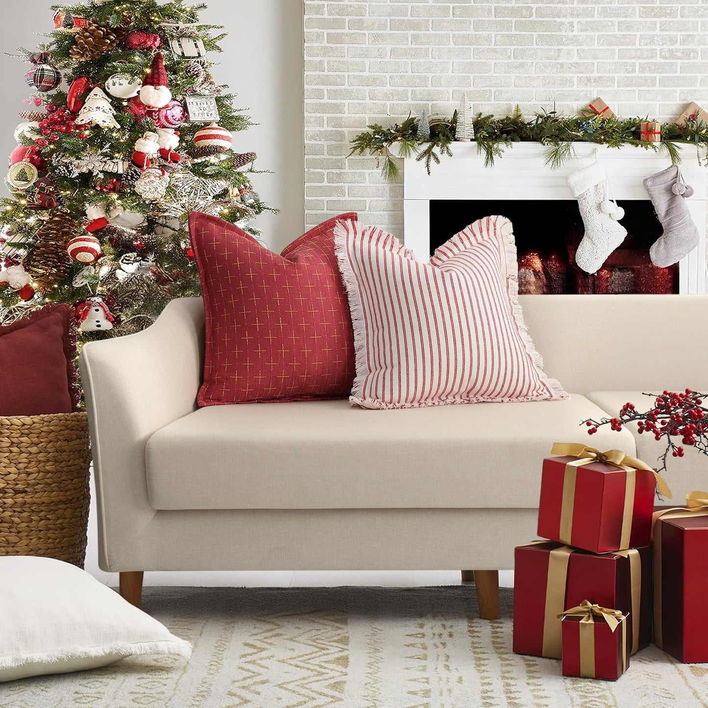 ZWJD Throw Christmas Pillow Covers 24x24 Set of 2 Striped Pillow Covers with Fringe Chic Cotton Decorative Pillows Square Cushion Covers for Sofa Couch Bed Living Room Farmhouse Decor