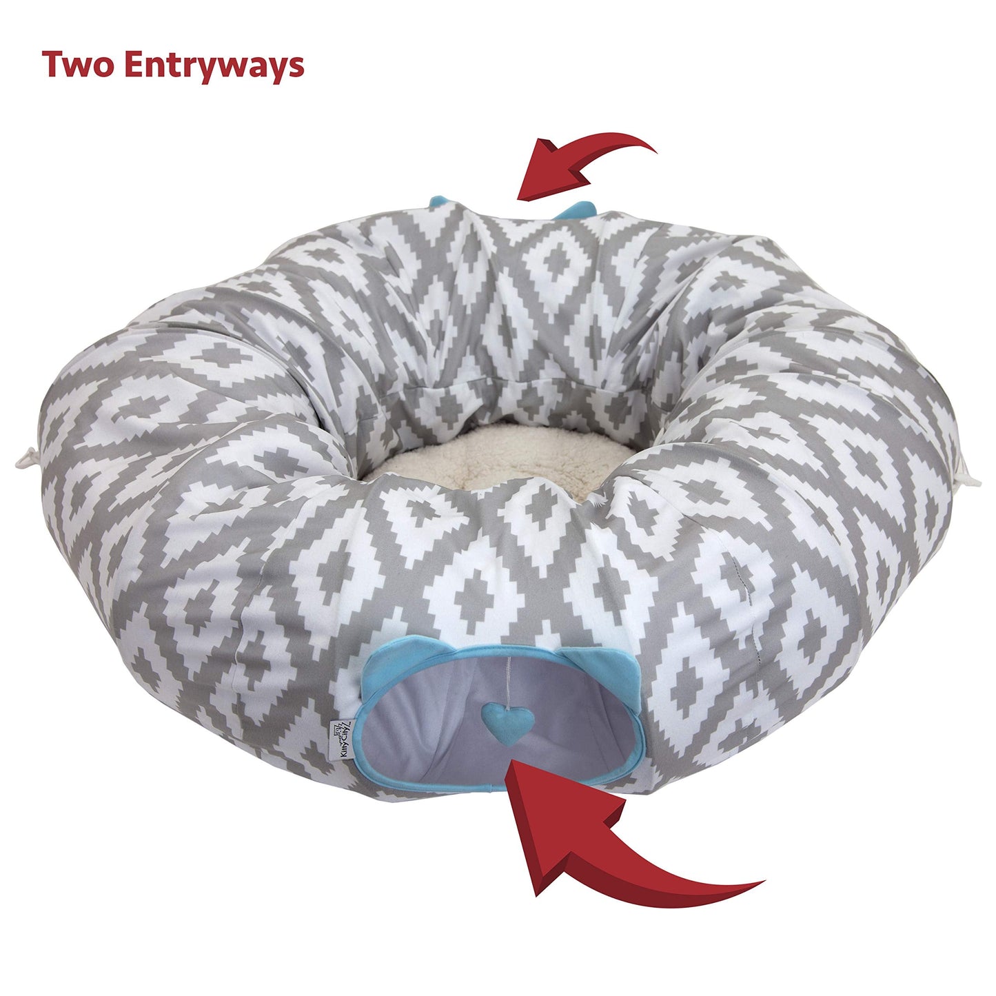 Kitty City Large Cat Tunnel Bed, 2-in-1 Zip-Together Cat Play Tunnel & Plush Nap Bed, Pop-Up Indoor Cat Toy with Hanging Toys, Collapsible Design - White