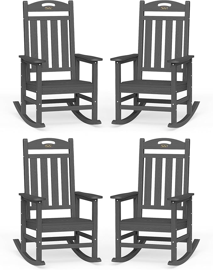 Oversized Outdoor Rocking Chairs Set of 4, High Back Porch Rocker Chair, HDPE All Weather Resistant Rocking Chairs for Patio, 380lbs Weight Capacity, Dark Grey