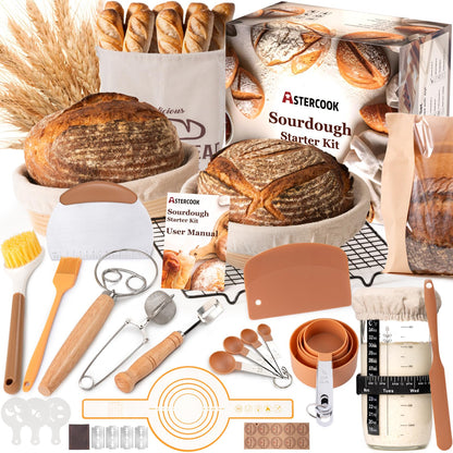 Astercook Sourdough Starter Kit with Round & Oval Banneton Bread Proofing Basket, Bread Sling, Starter Jar, Dough Whisk, Scrapers, Stencils, Complete Sourdough Bread Baking Supplies, Mothers Day Gifts