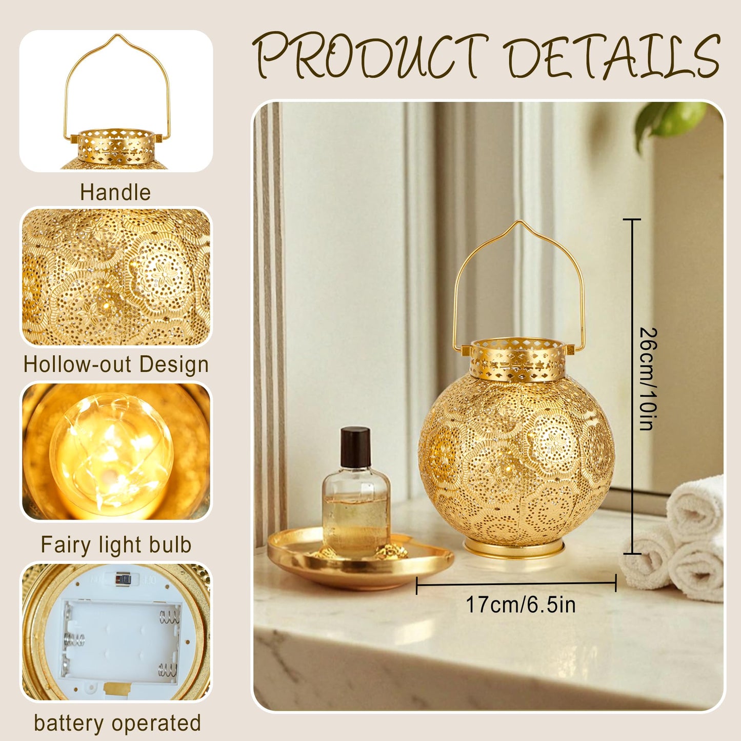 TRIROCKS Set of 2 Moroccan Style Metal Table Lamp 7'' High Battery Powered Cordless Lamp with LED Fairy Lights Bulb Perfect for Home Living Room Parties Tabletop Indoors(Gold)