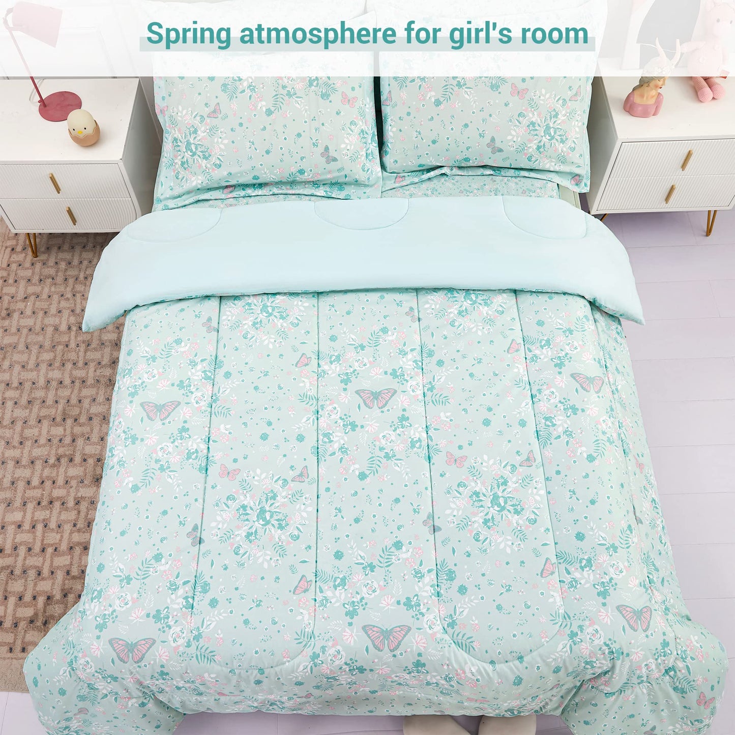 Viviland Kids Twin Bedding Sets for Girls, Soft Twin Comforter Set with Sheets, 5 Pieces Microfiber Bed in a Bag, Green Butterfly