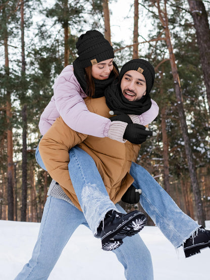 Warm Fleece Knit Beanie Hat and Touch Screen Gloves Set - Winter Gifts for Women and Men