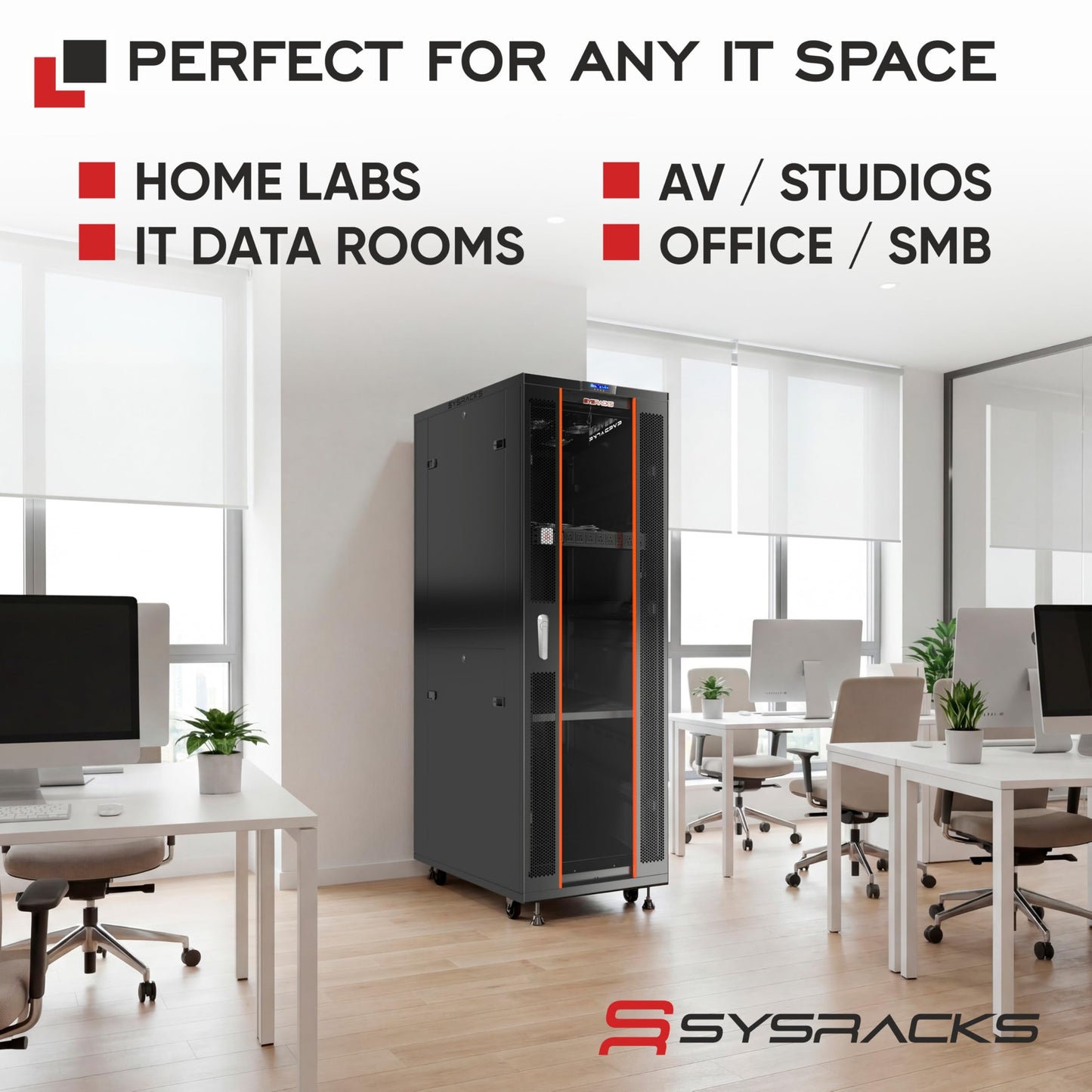 Sysracks 42U Server Rack Cabinet – 32" Deep Network Rack Enclosure on Wheels – Glass Door, 4 Cooling Fans, Temperature Controller, Shelf, 8-Way PDU – 19" IT & AV Equipment Rack