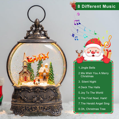Christmas Snow Globes Lantern Snow Globe with Music Water Lantern Santa Flying Scene Elk Lighted Swirling Water Glitters Snowglobe Christmas Decoration