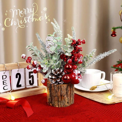 Small Christmas Tree Tabletop Artificial Mini Christmas Tree Decorations with Holiday Ornaments Red Berry Pine Cone Greenery for Home Indoor Fireplace Mantel Xmas Decor (2pcs -Tree Stump-Red)