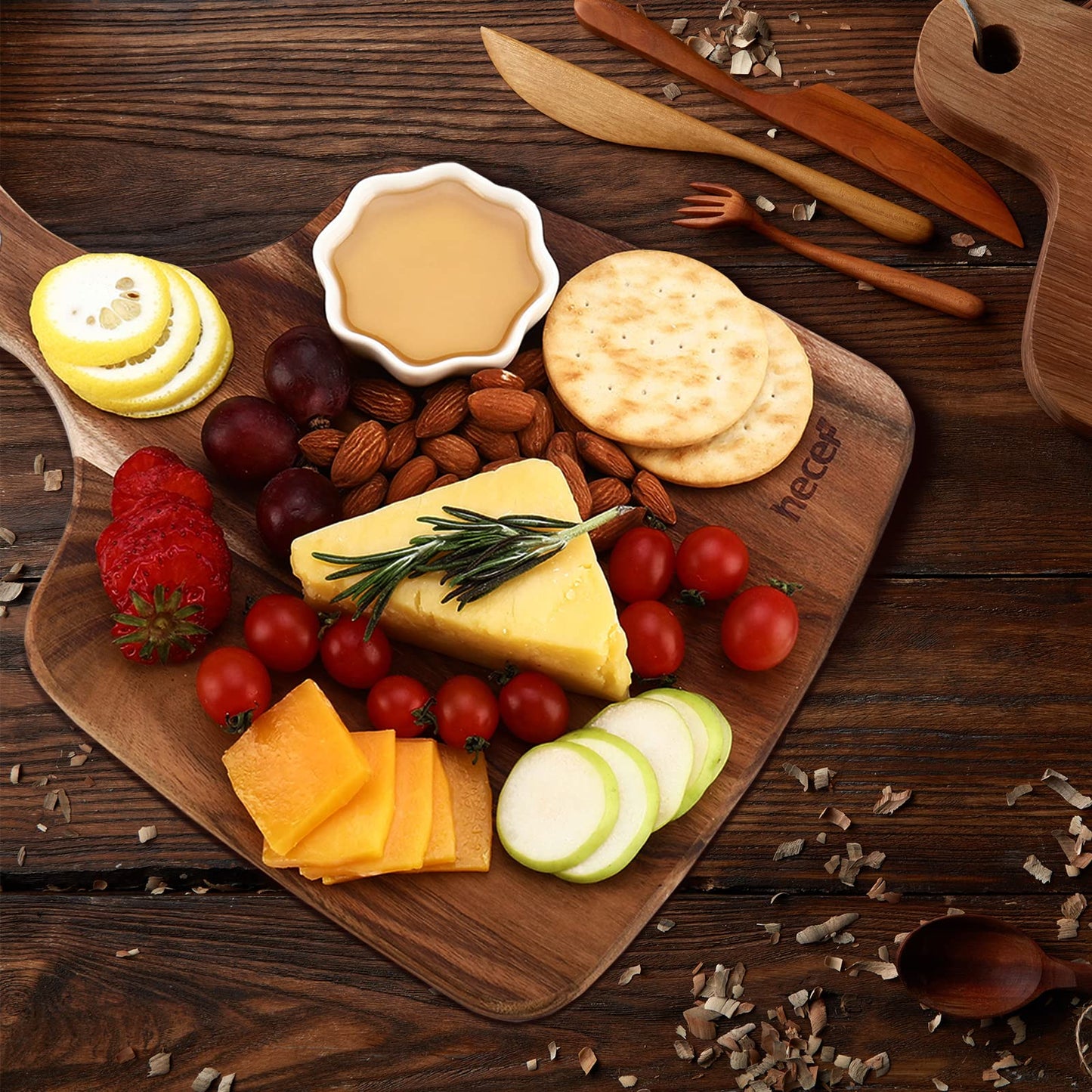 hecef Cheese Board set of 3,a Acacia Wood Cheese Plate, a Knife, a Fork, Charcuterie Board Platter Slate Serving Set(Cheese board with 2 knives)
