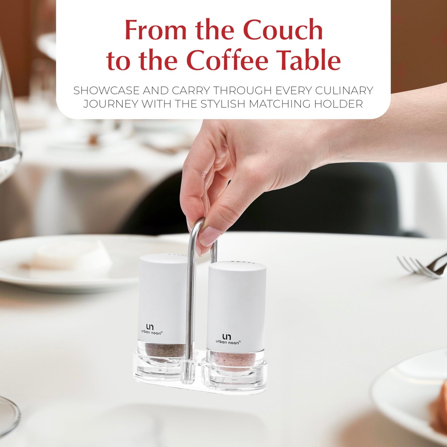 White Salt and Pepper Shakers with Holder - Elegant Stainless Steel Salt Shaker and Pepper Shaker Set with Acrylic Holder for Kitchen Counter or Restaurant Table