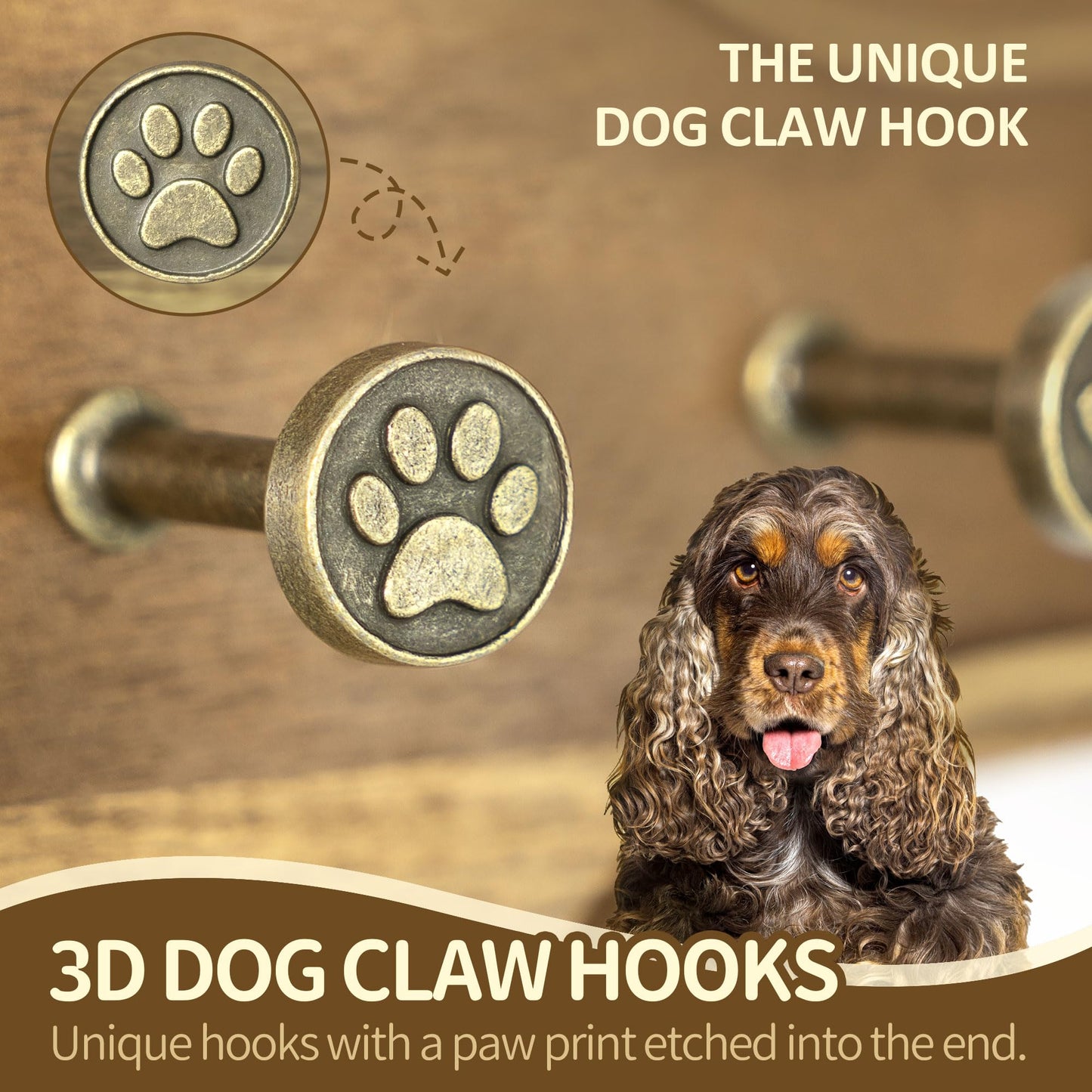 MTERSN Farmhouse Dog Leash Holder for Wall – Dog Stuff Organizer and Dogs Bone Key Holder Wall Mount with 3D Puppy Paw Hooks - Cute Stuff for Pet Lover Gifts (Acacia Wood)