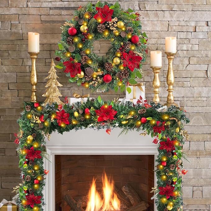 WANNA-CUL Pre-Lit 24 Inch Lighted Christmas Wreath for Front Door Luxury Red Gold Christmas Door Wreath Decoration with Ball Ornaments, Poinsettia Flowers,Berries, and Lotus, Battery Operated 30 LED