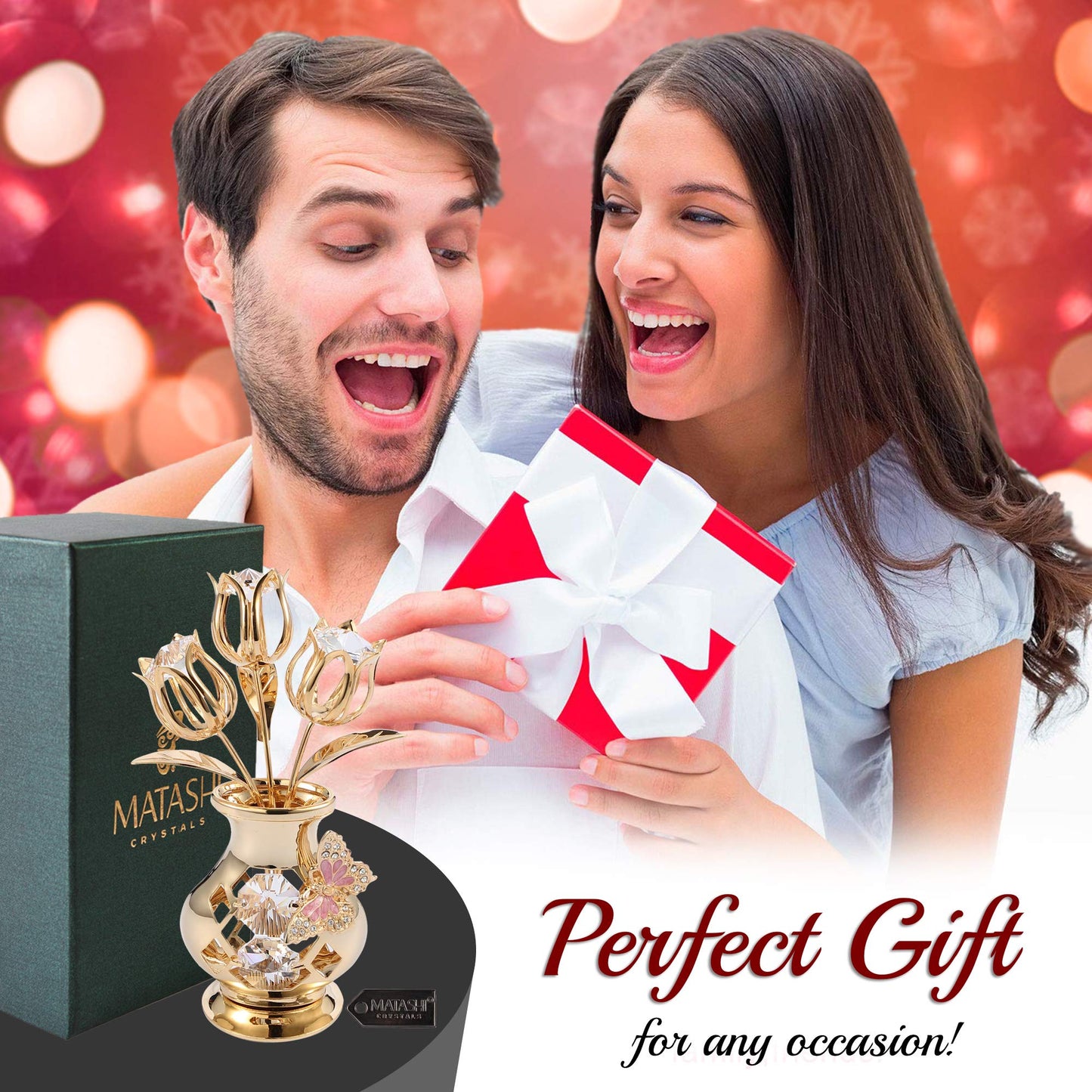Matashi 24K Gold Plated Crystal Flower Figurine with Clear Crystals & Butterfly – Luxury Decorative Tulip Statue, Elegant Tabletop Home Décor, for Mother's Day, Valentine's Day, Christmas