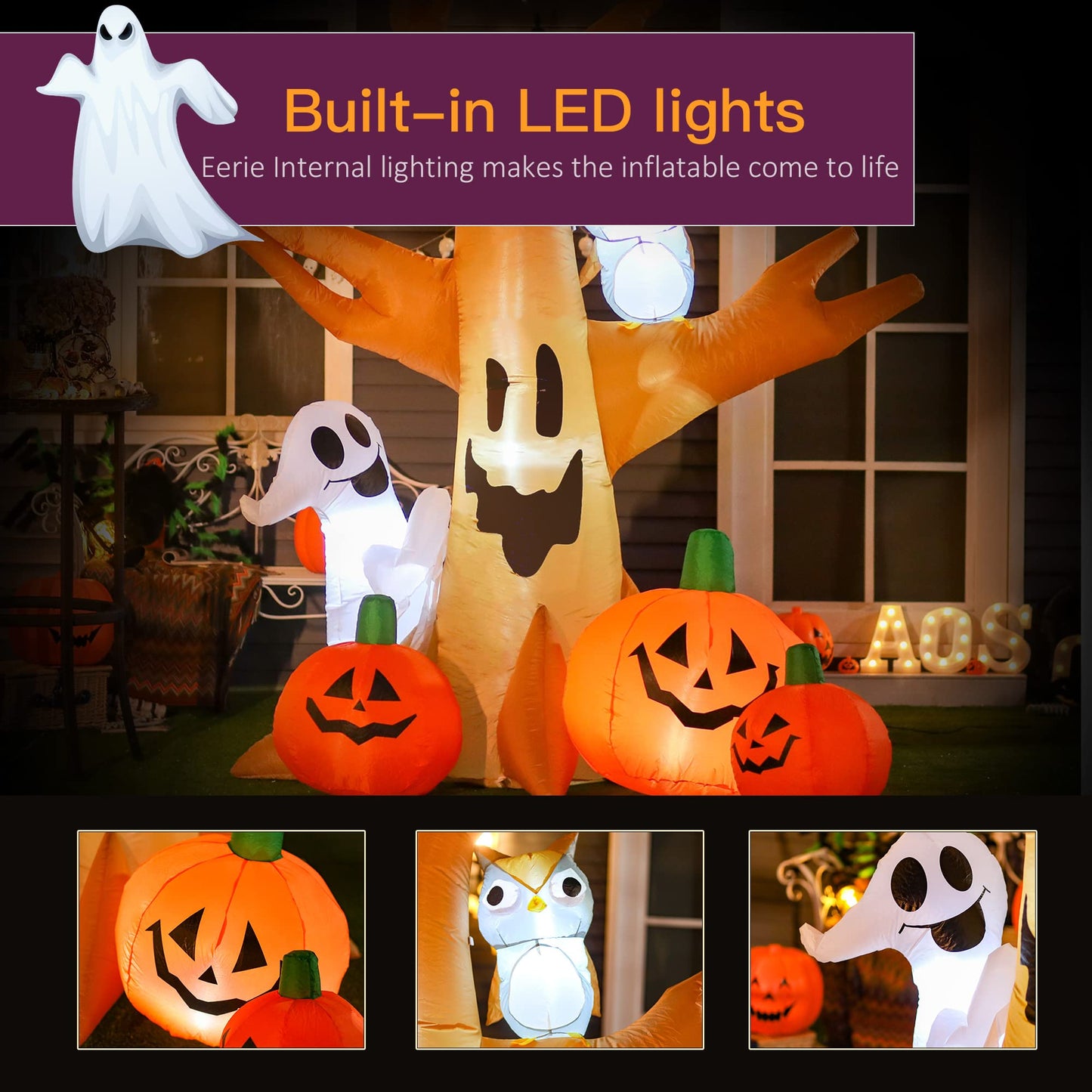 HOMCOM 7.5' Tall Lighted Halloween Inflatables Outdoor Decorations Haunted Tree with Owl, Ghost, Pumpkins, Blow Up LED Yard Decor for Garden, Lawn, Party, Holiday, Waterproof
