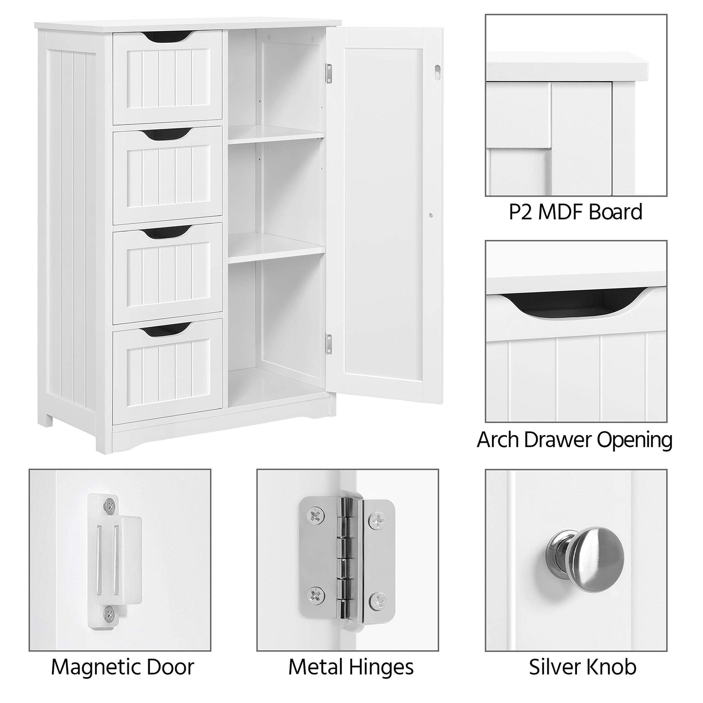 Yaheetech Bathroom Floor Cabinet Cupboard Free Standing Wooden Cabinet Storage Unit with 4 Drawers & 1 Door, Adjustable Shelf, White