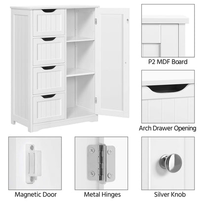 Yaheetech Bathroom Floor Cabinet Cupboard Free Standing Wooden Cabinet Storage Unit with 4 Drawers & 1 Door, Adjustable Shelf, White