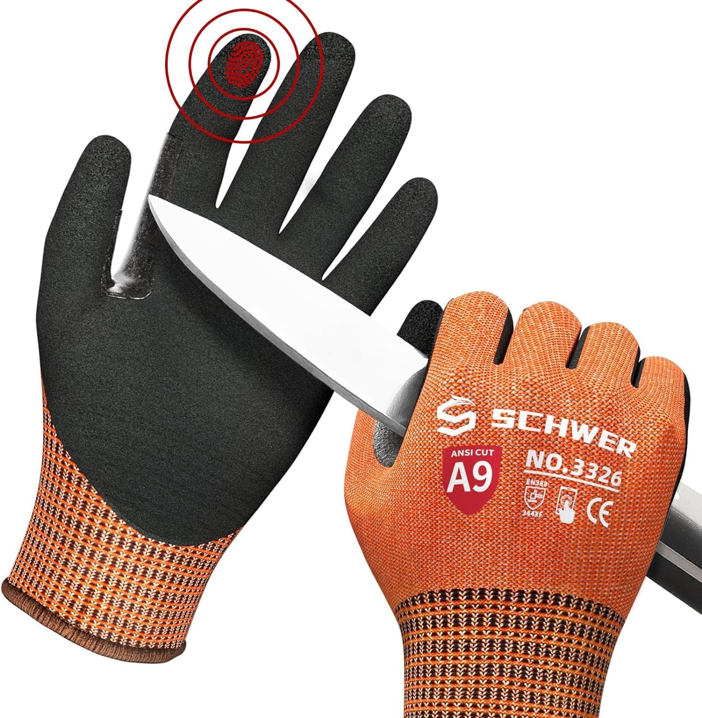 Schwer ProGuard Highest Level Cut Resistant Work Gloves PR3326 for Extreme Protection，Level 9 Cut Gloves with Reinforced Thumb, Non Slip, Breathable, Durable, Touch-screen, PFAS Free, Orange 1 Pair（M）