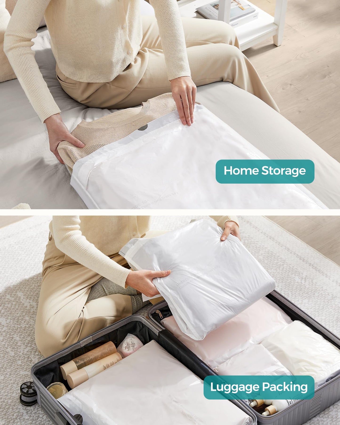 SONGMICS Drawstring Bin Liners, 30L Bin Liners, Code 30A, Customized, 2 Rolls, 90 Pieces, White KRB30A02