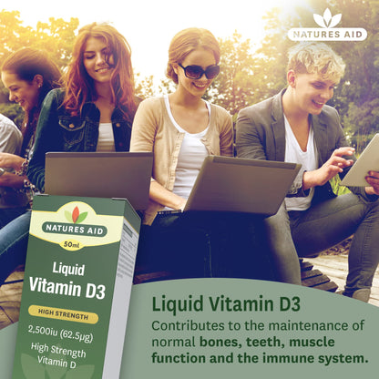Natures Aid Vitamin D3 Liquid 2500iu 50ml – High Strength Cholecalciferol Vit D Drops – Bone & Immune Support – Vegan, Non-GMO, Gluten-Free – Natural Supplement Includes Dropper