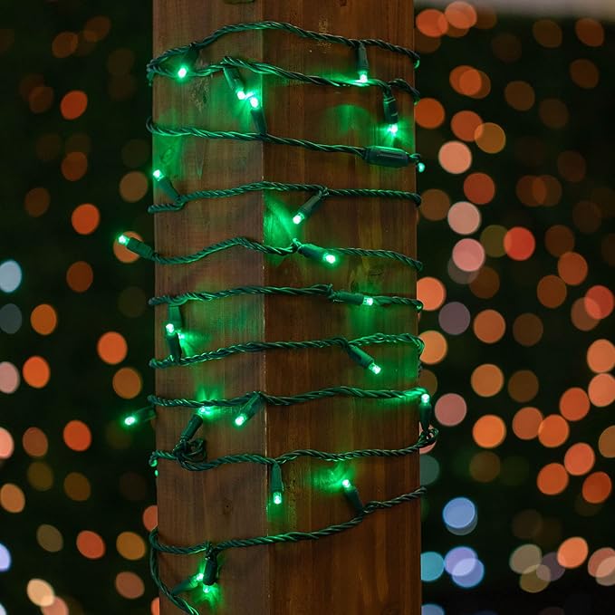 Novelty Lights 12-Pack, 50 Feet 100 LED Green Christmas Mini Light String on Green Wire, 5mm Wide Angle Bulbs, Connectable, Indoor/Outdoor Decor, UL Listed