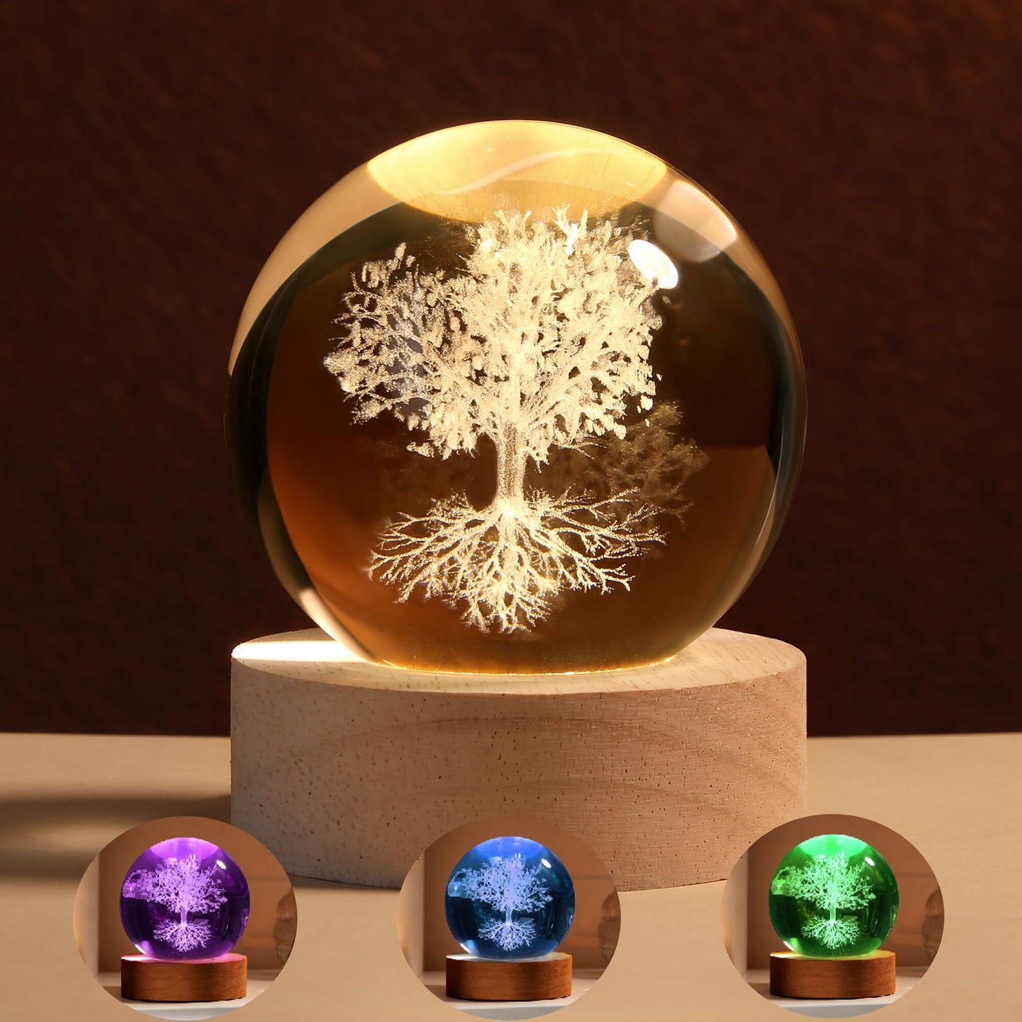 YATOJUZI 3D Tree of Life Crystal Ball 2.4" Laser Engraved Glass Ball with Lighted Base Tree of Life Night Light Decor Crystal Sphere Gifts for Women Birthday