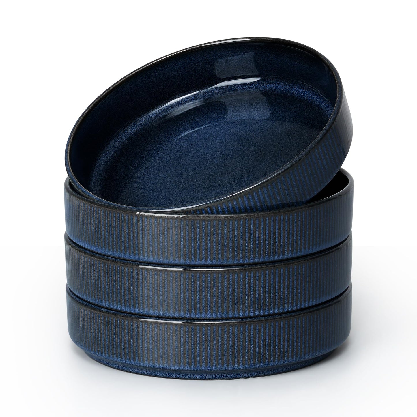 E-far Pasta Bowls Set of 4, 35oz Large Salad Bowl Plate for Dinner Serving, Wide & Shallow Ceramic Stoneware Pasta Plates, Microwave & Dishwasher Safe, Reactive Glaze Textured Stripes, Dark Blue