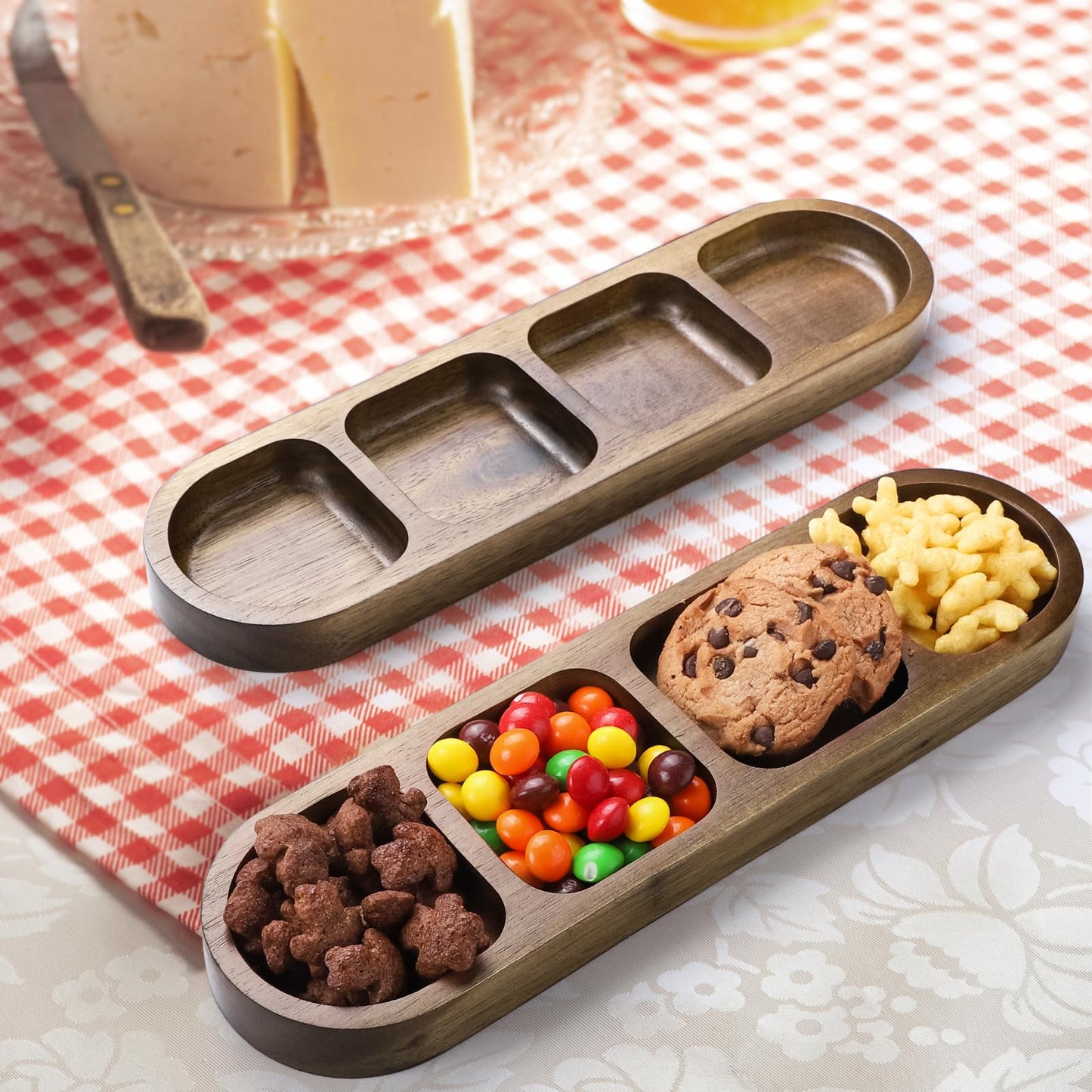 SmileBear 2 Pcs Soy Sauce Dish, Wooden Divided Dip Bowls, Korean 4-Compartment Sauce Plates for Home Restaurant BBQ, Vinegar, Spices, Ketchup, Salt, Sugar, and Flavors