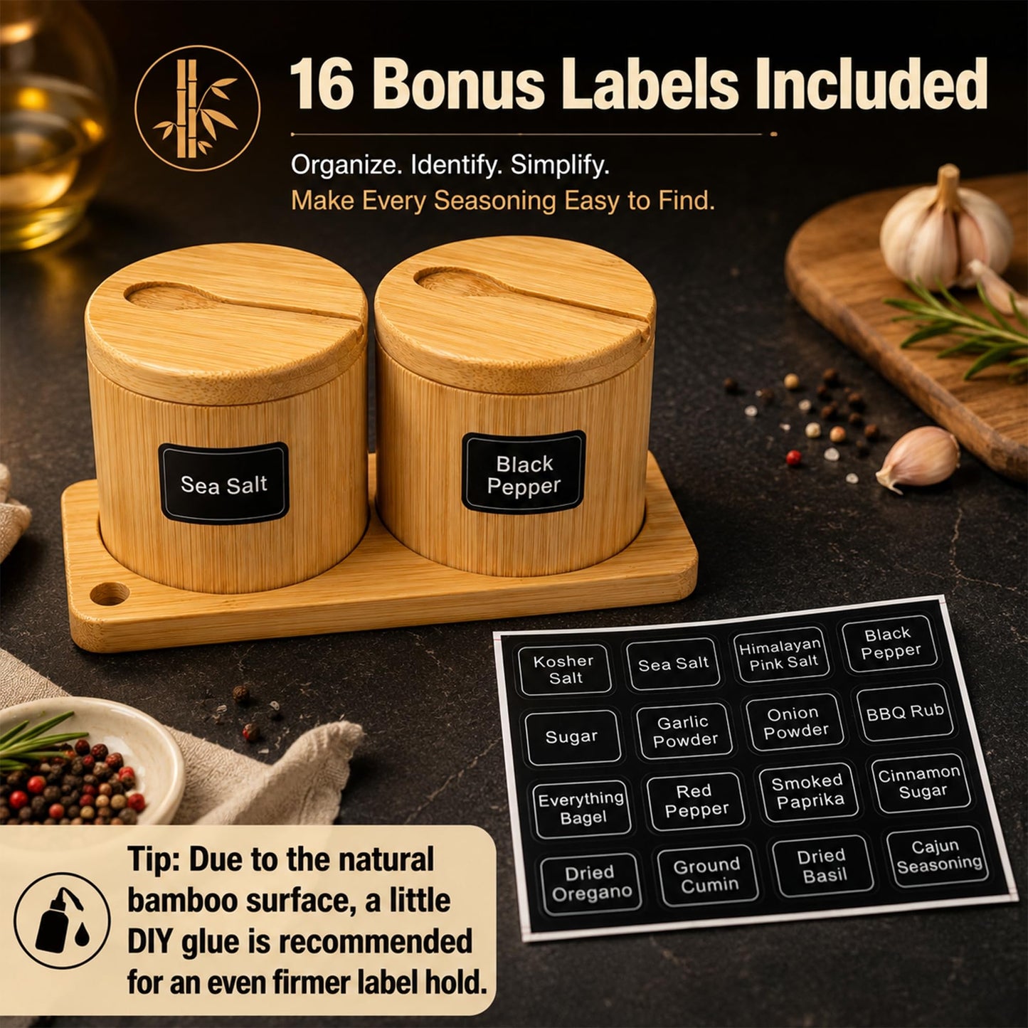 Bamboo Salt Cellar Set with Tray, 2 Salt and Pepper Cellar with Lids & Spoons, Magnetic Swivel Lid, 16 Labels, Spice Containers for Salt, Pepper, Sugar, Spices, Kitchen Countertop Organizer, 9 OZ Each