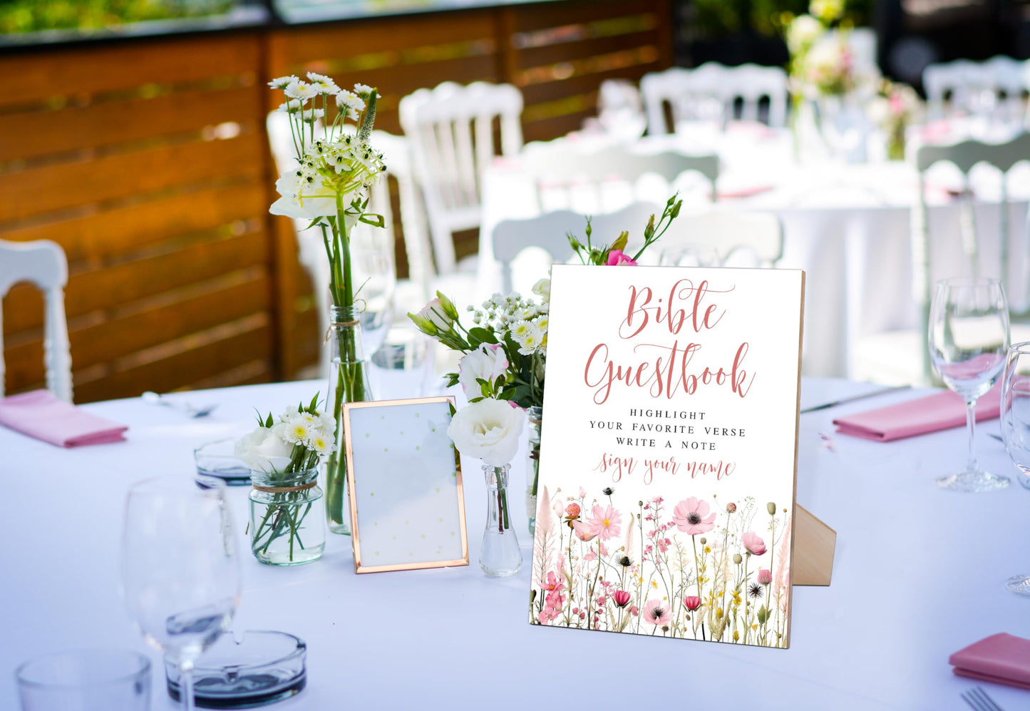 Wedding Bible Guest Book Sign, Pink Flower Style Wooden Sign With Stand, Guest Book Alternative, Bridal Shower Centerpieces For Tables, Wedding Reception Decorations, Engagement Party Decoration-17