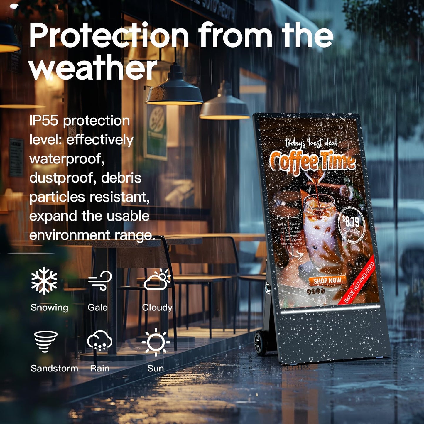 MWE 55 Inch Outdoor Digital Signage Display Monitor, Portable Battery Powered High Brightness Screen Advertising Display Kiosk, Movable Waterproof Standing Poster, Android OS