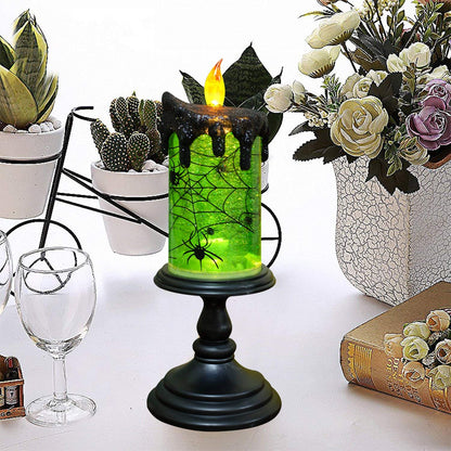 DRomance Halloween Flameless Candle Snow Globe Battery Operated with 6 Hour Timer, Green Light Spider Decal Water Tornado Lamp LED Candlestick Halloween Season Decor Gift 4 x 10 Inches
