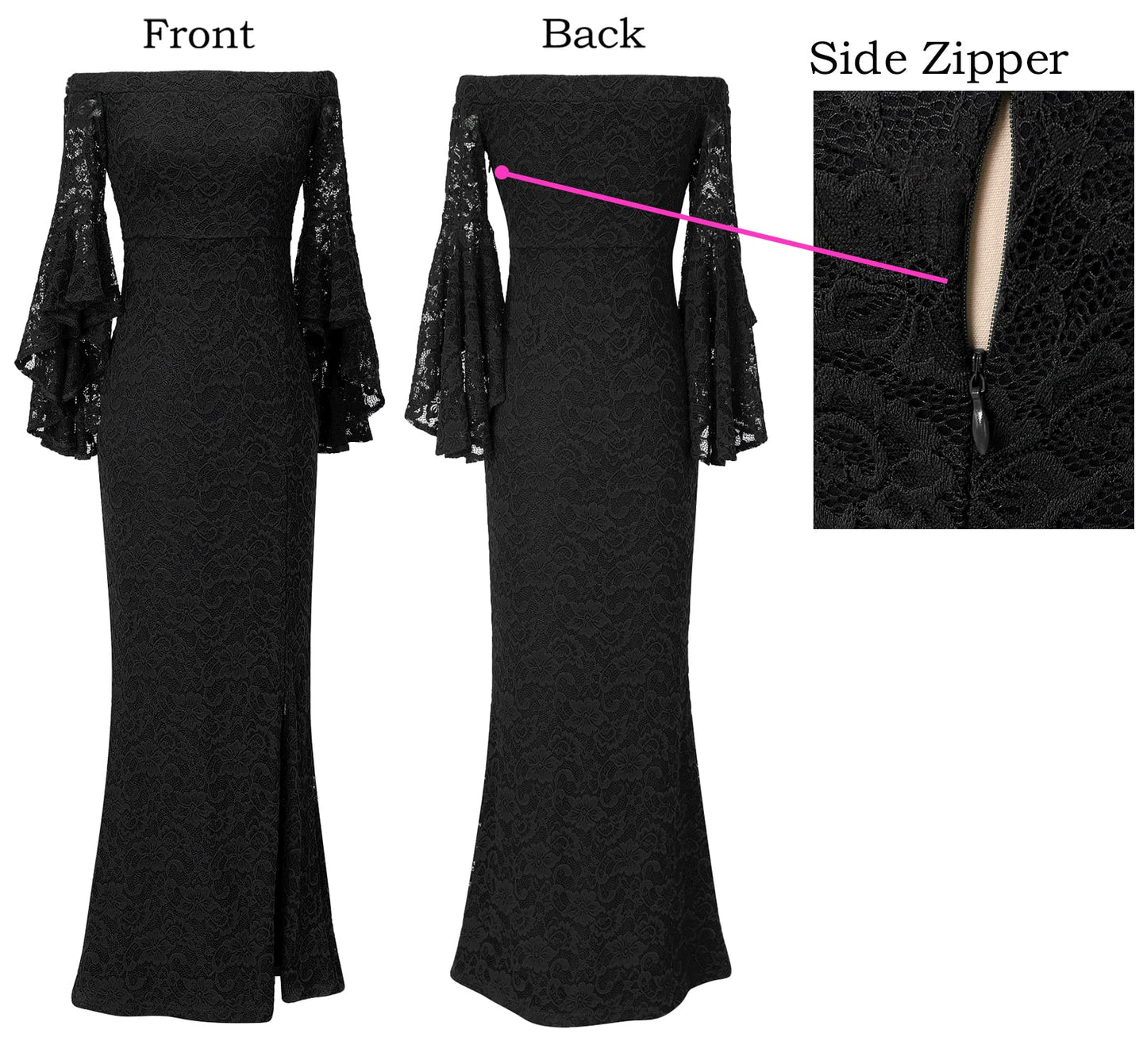 VFSHOW Womens Floral Lace Off Shoulder Bell Sleeve Formal Party Maxi Dress 1810 BLK XL