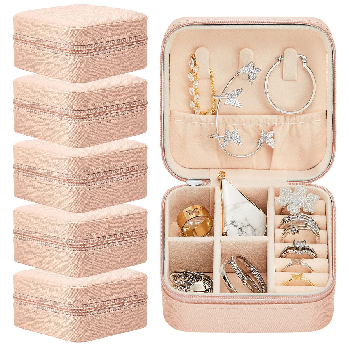 Taiyin 6 Pcs Travel Jewelry Case, Valentines Day Gifts for Her- Small Jewelry Organizer Box Bridesmaid Gifts for Women Girls (Pink)