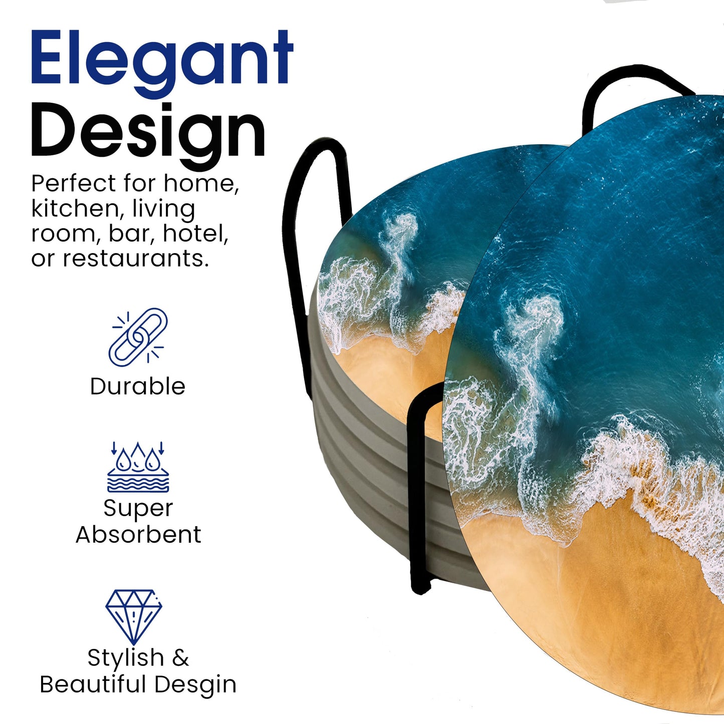Ocean Coastal Theme Round Coasters Set of 6 - Abosrbent Ceramic Coasters with Metal Stand for Drinks, Beer, Coffee, Non-Slip Cork Back for Tabletop Protection, 4 Inches (Waves)