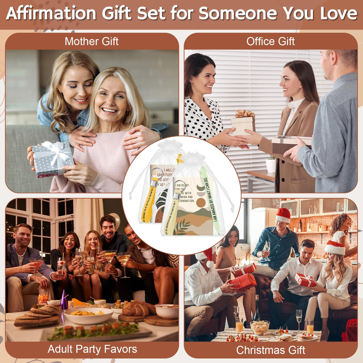 Mooliwe Positive Affirmation Gift Set Gratitude Notebooks with Pens Keychains Small Bags Motivational Party Favors for Adult Women Coworkers Employee Group(24 Set,Boho)