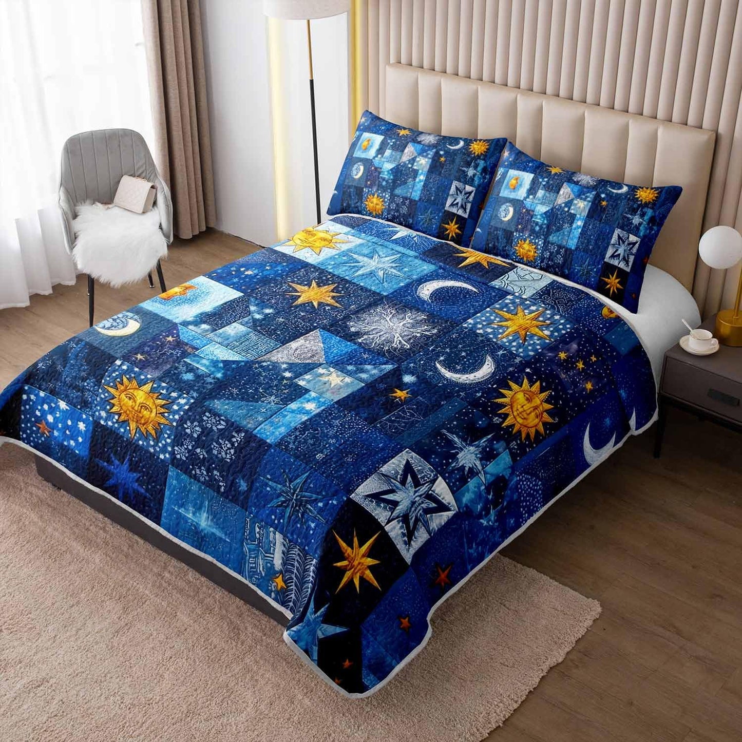 XYNHML Sun Moon Star Quilts Bedding Full 3Pcs Mystic Celestial Galaxy Starry Quilt Set Blue Patchwork Grid Lightweight Soft Bedspread Coverlet with 2 Pillowcases for Kid Boy Girl Teen Adult Bed Decor
