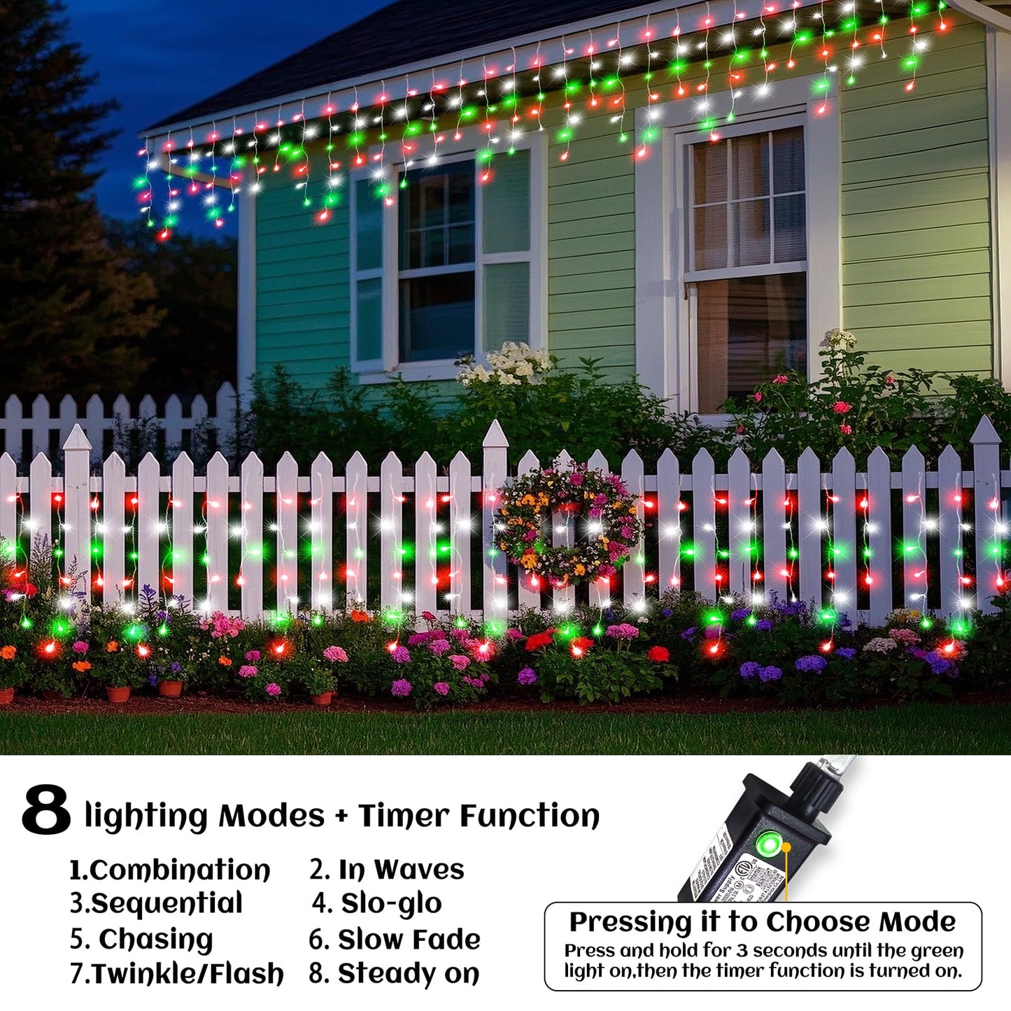 66ft Icicle Lights for Outside, Red White and Green Christmas Lights Outdoor Indoor, 640 LED Twinkle String Light with 120 Drops, Clear Wire Connectable Timer for Thanksgiving Room Home Wall Bedroom