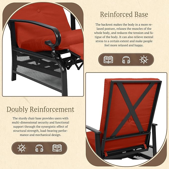 Oakcloud Adjustable Outdoor Lounge Chair Metal Patio Relaxing Recliner Chair Set with Bistro Table and Removable Cushions(Red)