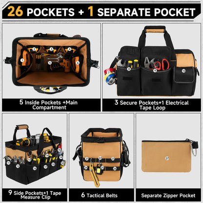 27 Pockets Tool Bags for Men,16-Inch Heavy Duty Tool Bag,Large Toolbag Tool Box Organizer,Portable Toolbox Tools Tote Carrying Case for Mechanic,Electrician,Father Day Gifts for Him Dad Men,Brown