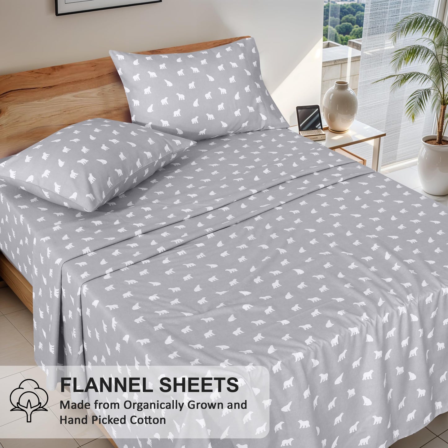 RUVANTI Flannel Sheets Queen Size - GOTS Certified 100% Organic Cotton, 4 Piece Warm, Soft & Breathable Set, Deep Pocket Snug Fit, Double Brushed Cozy All Season Bedding, Baby Bear